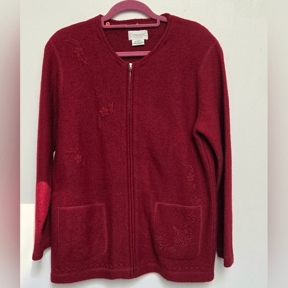 Vintage Conrad C 100% Wool Deep Red Full Zip Pocket Open Hand Beaded Cardigan - Picture 1 of 14